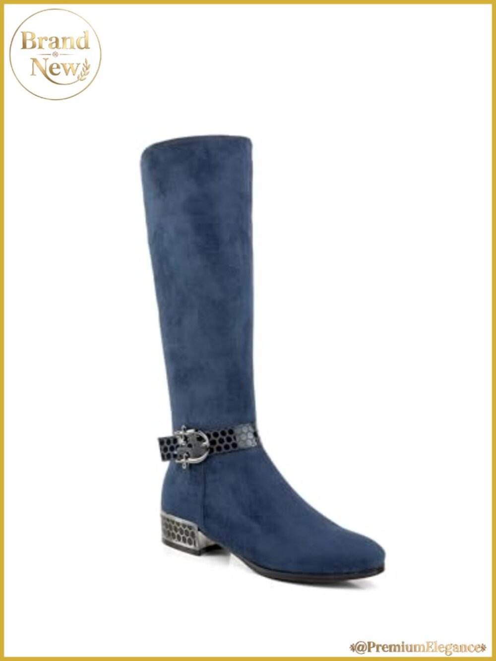 Knee High Faux Suede Boots Low Block Heel Beehive Buckle Straps